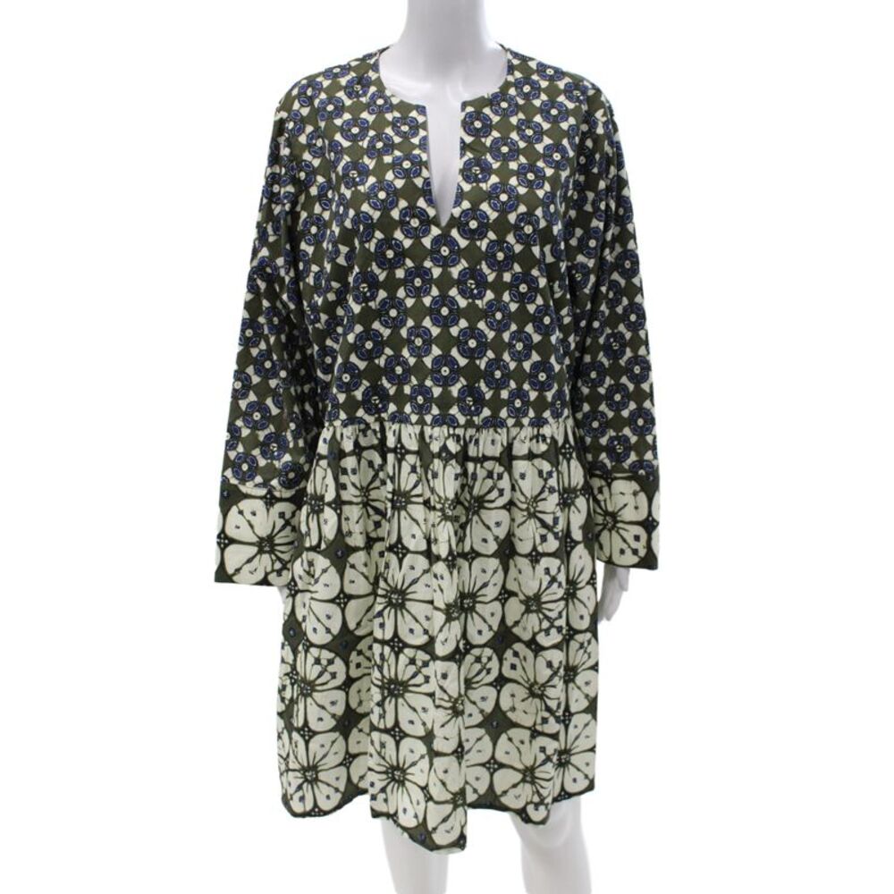 Tuckernuck Womens Shift Dress Green Batik V-Neck Long Sleeve Size 3XL